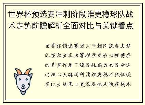 世界杯预选赛冲刺阶段谁更稳球队战术走势前瞻解析全面对比与关键看点